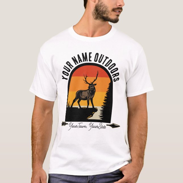 Hunting ADD NAME Outdoors Deer Elk Wilderness Camp T-Shirt (Front)