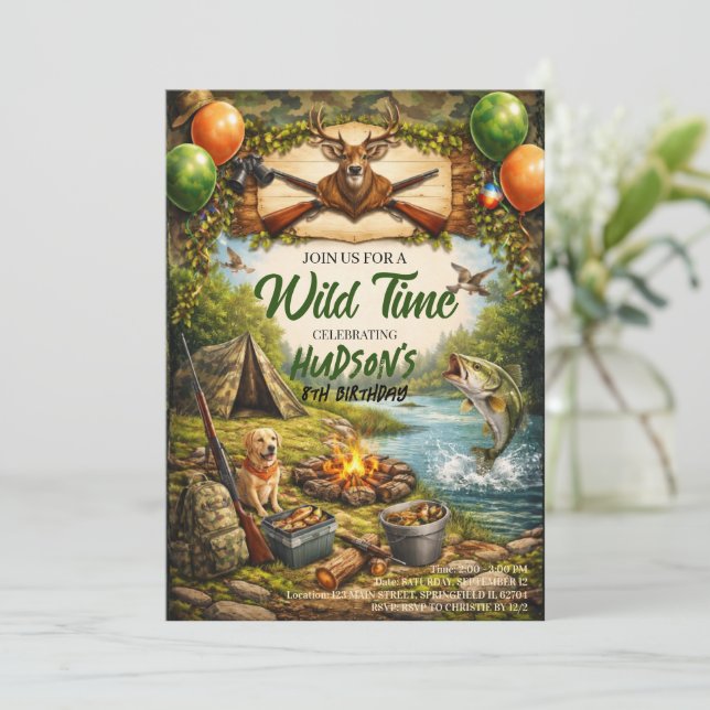 Hunting and Fishing Camo Boy birthday Invitation (Standing Front)