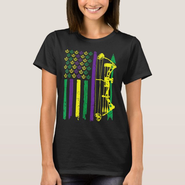 Hunting Archer American Flag Bowhunting Mardi Gras T-Shirt (Front)