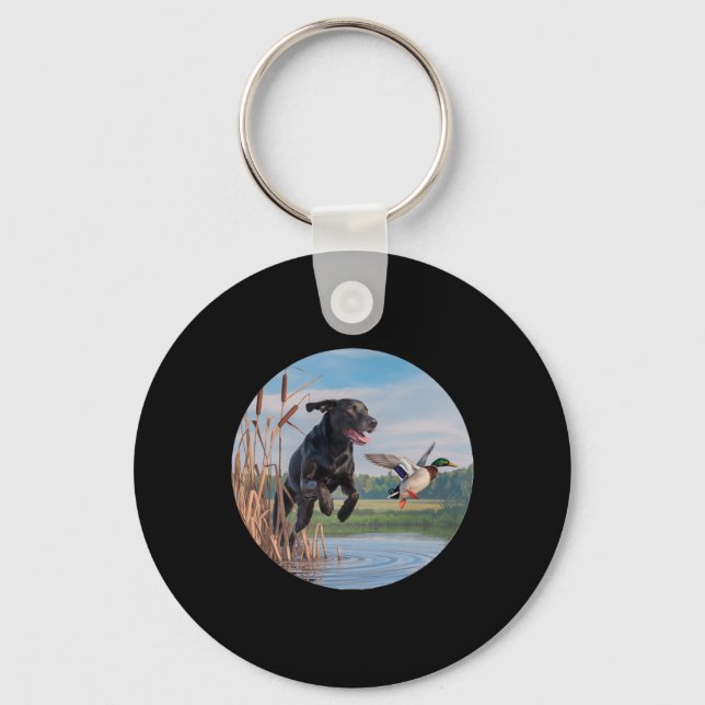 Hunting Black Labrador Lab Dog Hunting Ducks. Bird Keychain (Front)