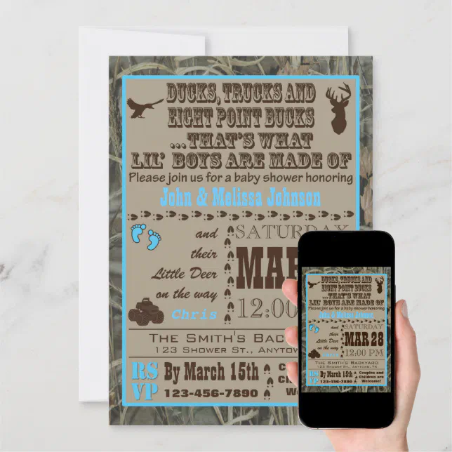 Hunting Camo Baby Boy Shower Invitations Blue Zazzle