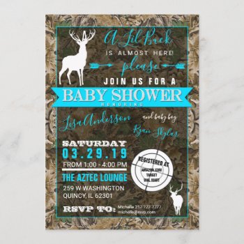 Hunting Camo Boy Baby Shower Buck Invitation by oddlotpaperie at Zazzle