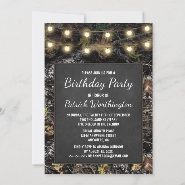 Hunting Camo Chalkboard Birthday Party Invitations (Front)
