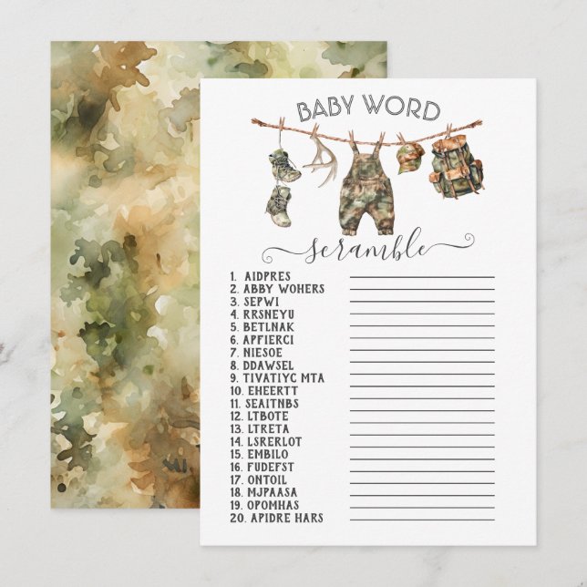 Hunting Camo Clothesline Baby Word Scramble Invitation (Front/Back)