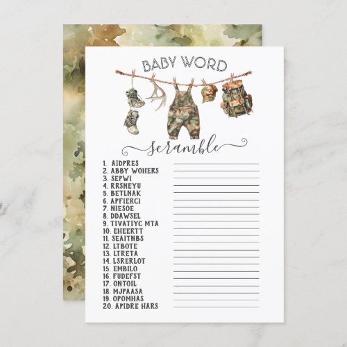 Hunting Camo Clothesline Baby Word Scramble Invitation