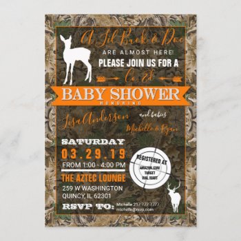 Hunting Camo Co-ed Baby Shower Buck And Doe Invitation by oddlotpaperie at Zazzle