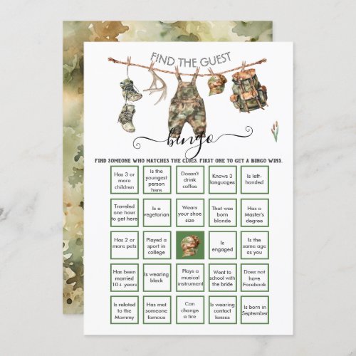 Hunting Camo little hunter Find the Guest BINGO  Invitation