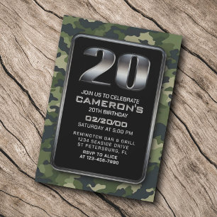 Hunting Camo Military 20th Birthday Invitation