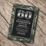Hunting Camo Military 80th Birthday Invitation<br><div class="desc">Grab your gear, rally the troops, and get ready to party in style with this camoflauge birthday design. Featuring bold, sleek typography over a camo background, this design is dripping with rugged charm. The gunmetal-gray text adds a touch of tactical flair. Perfect for your seasoned outdoorsman, patriotic military enthusiast, or...</div>