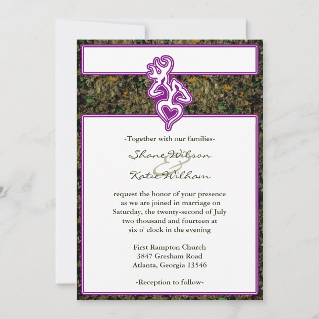 Hunting Camo Purple Custom Outline Color Invite (Front)