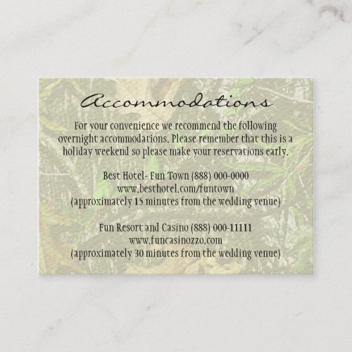 Hunting Camo Wedding Insert Reception Cards Business Cards
