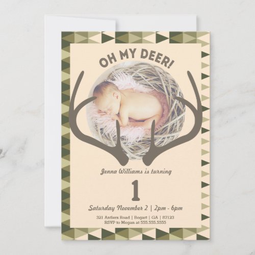 Hunting Creamy Camo Girls Antlers Birthday Invitation