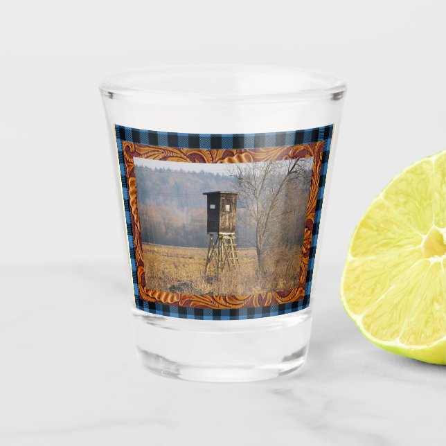 Hunting Deer Stand 2 Woods Leather Blue Plaid Trim Shot Glass (Front)