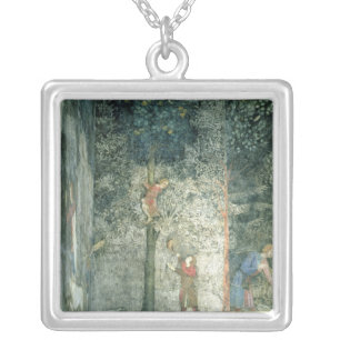 Hunting dogs and men climbing a tree silver plated necklace