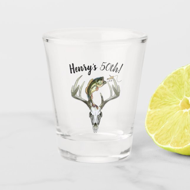 Hunting Fishing 50th Birthday Party Shot Glass (Front)