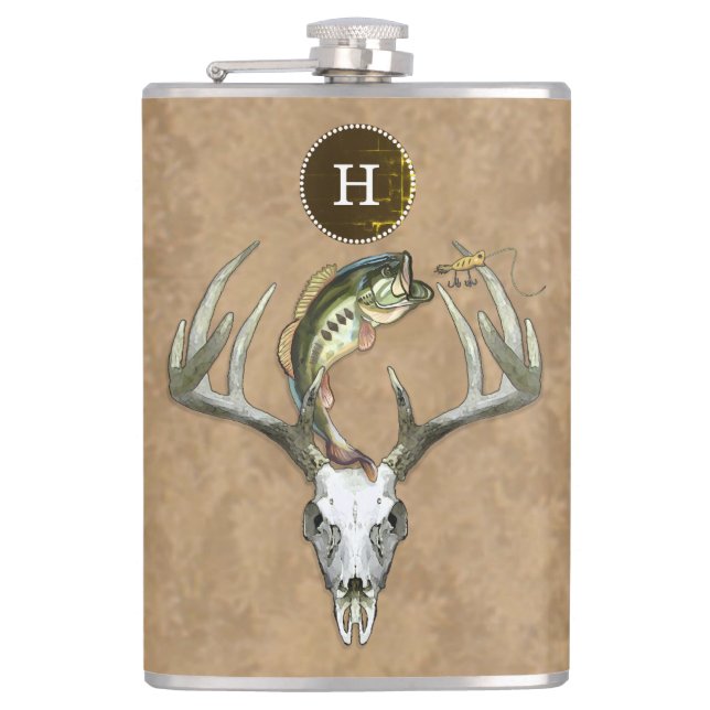 Hunting Fishing Antlers Bass Monogram Initial Flask (Front)