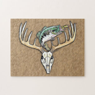 Hunting Fishing Bass jump over Deer Skull Antlers Jigsaw Puzzle
