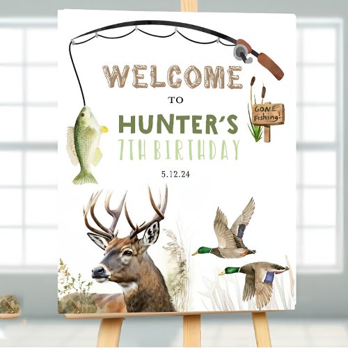 Hunting Fishing birthday party welcome sign, Hunti