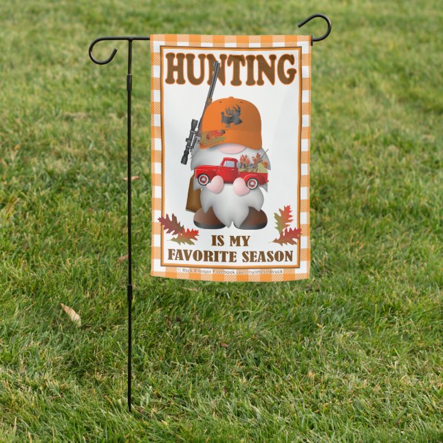 Hunting Gnome with Little Red Truck Garden Flag (In SItu)