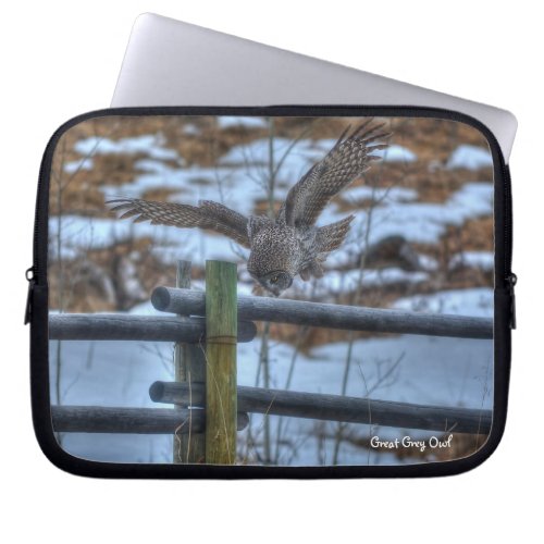 Hunting Great Grey Owl Raptor Winter Wildlife Laptop Sleeve