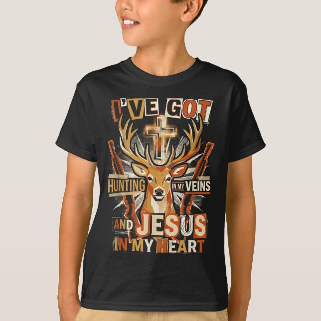 Hunting In My Veins Jesus In Heart Christian Deer  T-Shirt (Front)