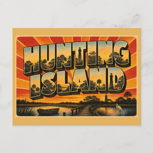 Vintage-style postcard of Hunting Island Lighthouse in South Carolina