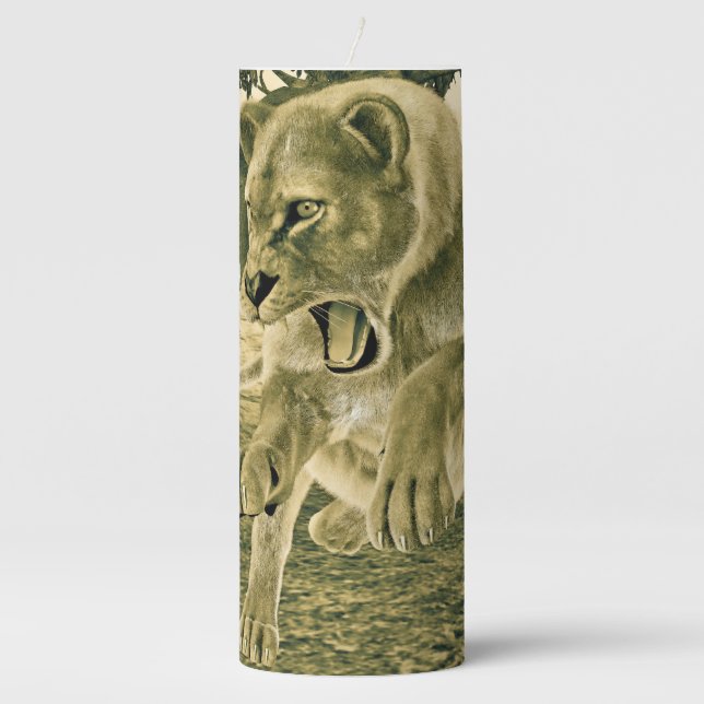 Hunting Lioness Pillar Candle (Front)