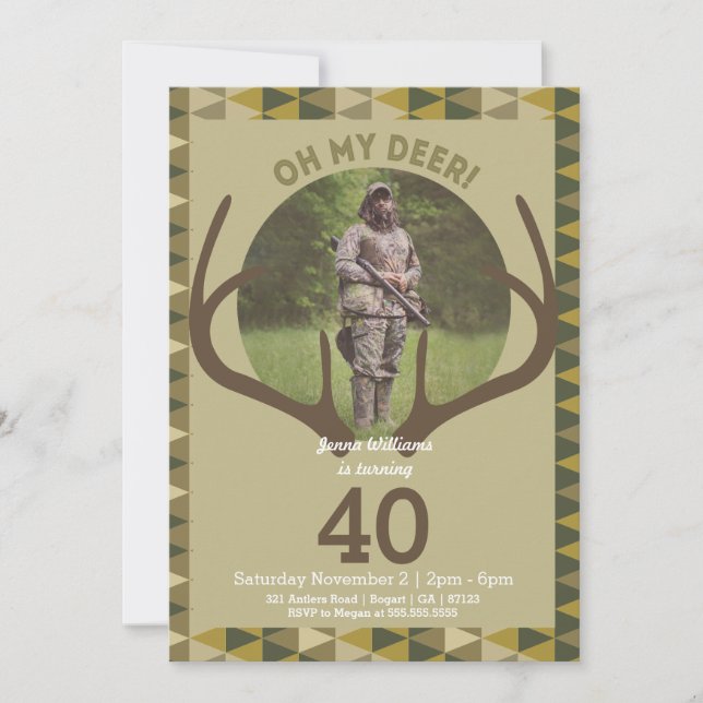 Hunting Men's Camo Deer Antlers Birthday Invitation (Front)