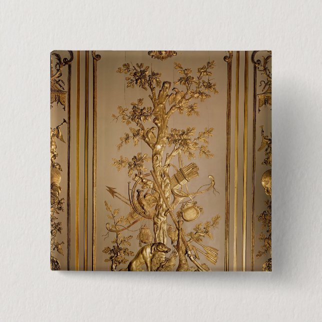 Hunting scene, wood panelling  from dining pinback button (Front)