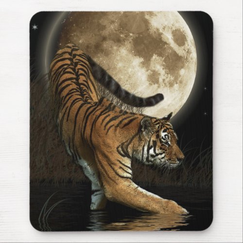 Hunting Tiger  Full Moon Wildlife Art Mouse Pad