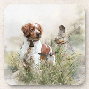 Hunting with a Brittany dog, Art Beverage Coaster