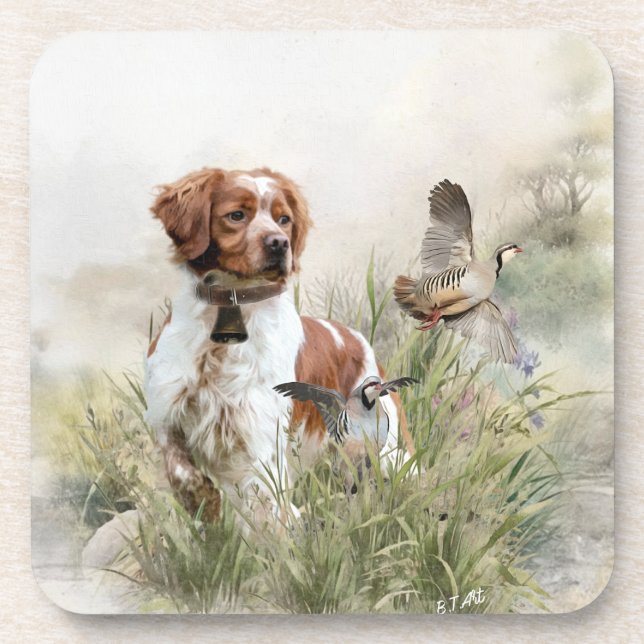 Hunting with a Brittany dog, Art  Beverage Coaster (Front)