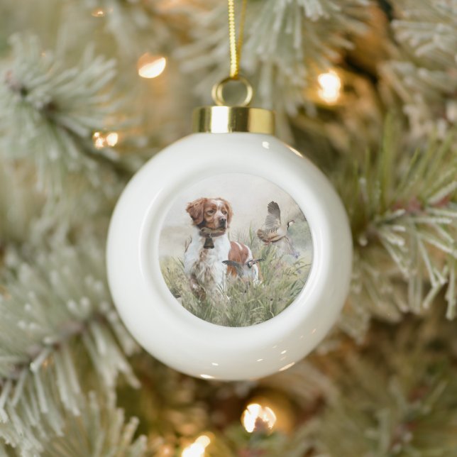 Hunting with a Brittany dog, Art  Ceramic Ball Christmas Ornament (Tree)