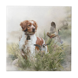 Hunting with a Brittany dog, Art Ceramic Tile