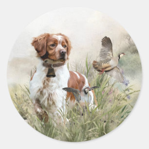 Hunting with a Brittany dog, Art Classic Round Sticker