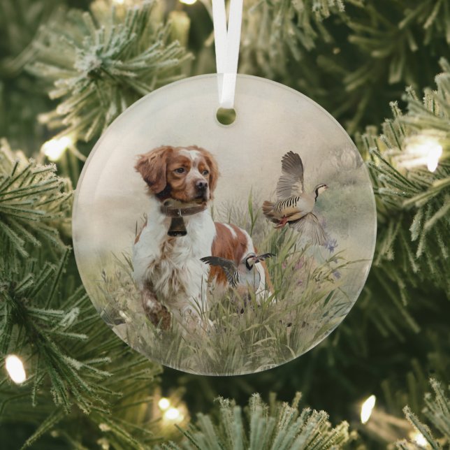 Hunting with a Brittany dog, Art  Glass Ornament (Insitu)