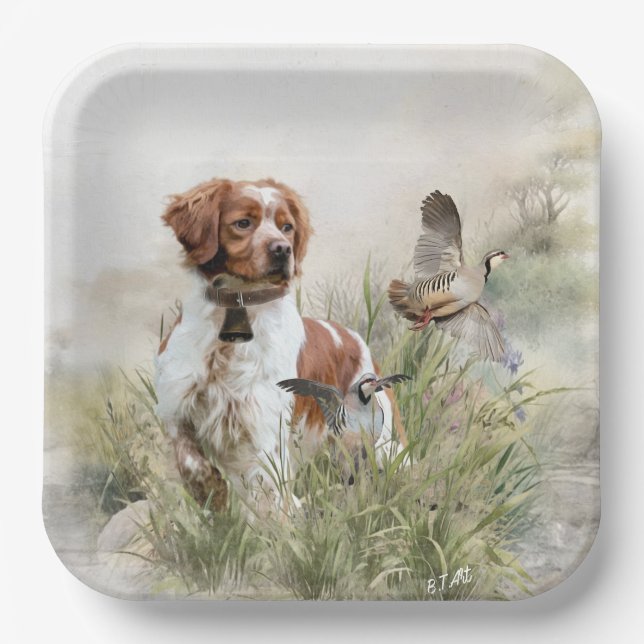 Hunting with a Brittany dog, Art  Paper Plates (Front)