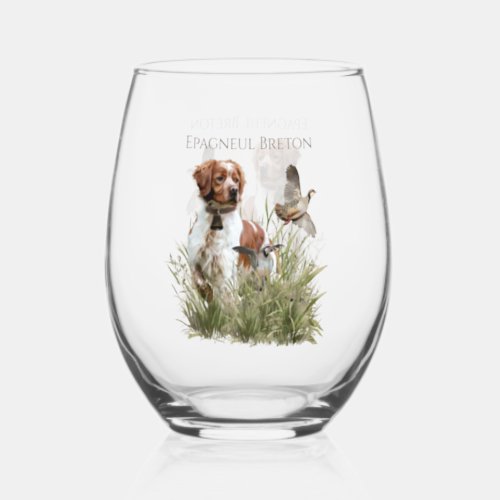 Hunting with a Brittany dog Art  Stemless Wine Glass