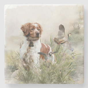 Hunting with a Brittany dog, Art Stone Coaster