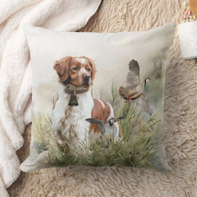Hunting with a Brittany dog, Art  Throw Pillow (Blanket)