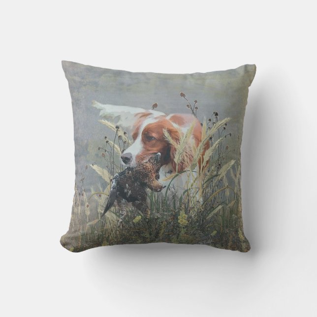 Hunting with Epagneul Breton Outdoor Pillow (Front)