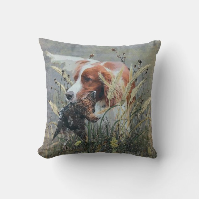 Hunting with Epagneul Breton Throw Pillow (Front)
