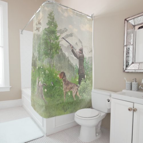 Hunting with German Wirehaired Pointer  Shower Curtain