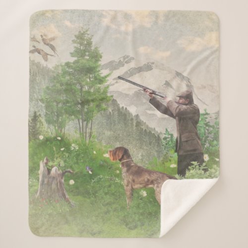 Hunting with German Wirehaired Pointer  Tapestry P Sherpa Blanket