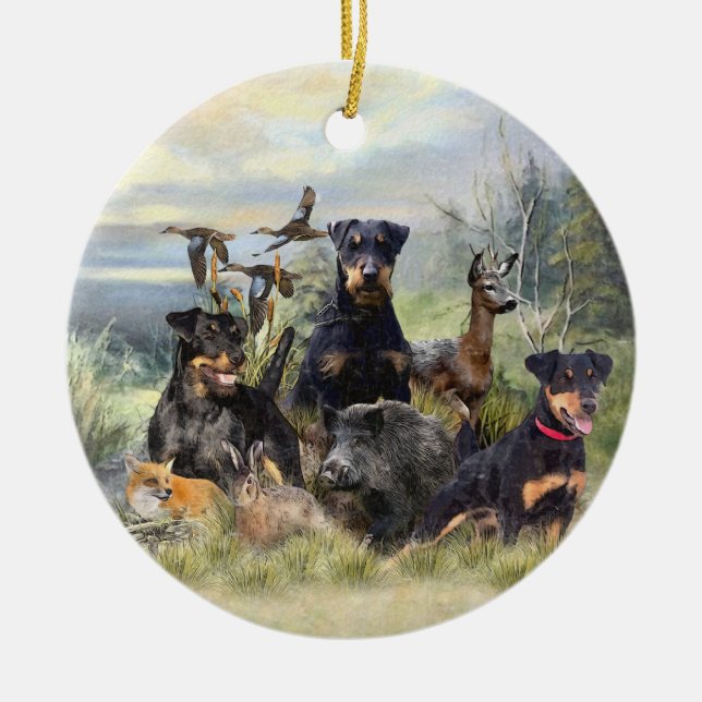 Hunting with Jagdterriers , Art  Ceramic Ornament (Front)
