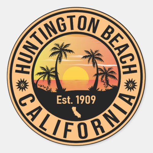 Huntington Beach California Retro Sunset Souvenirs Classic Round Sticker