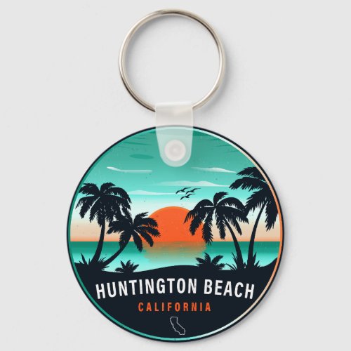 Huntington Beach California Retro Sunset Souvenirs Keychain