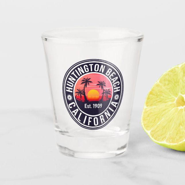 Huntington Beach California Retro Sunset Souvenirs Shot Glass (Front)