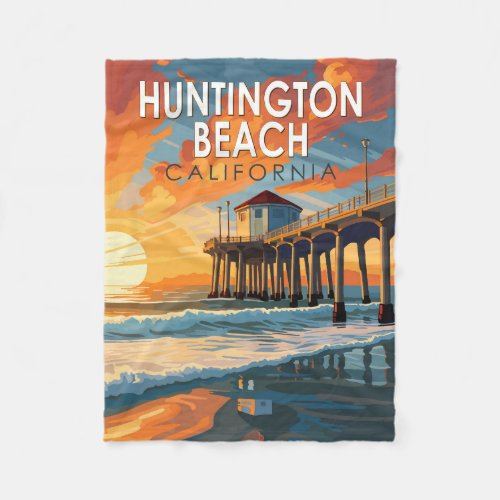 Huntington Beach California Travel Art Vintage Fleece Blanket