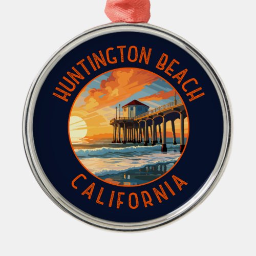 Huntington Beach California Travel Art Vintage Metal Ornament